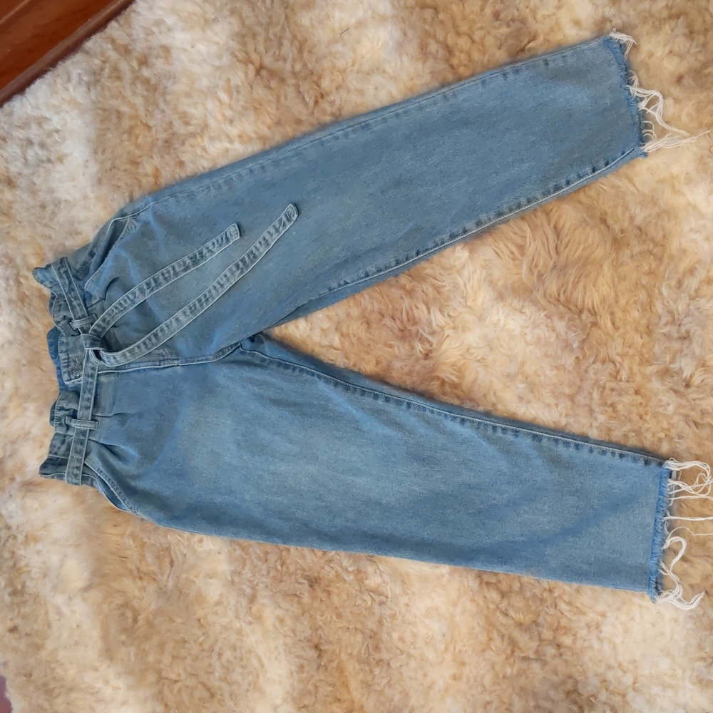 Wild Fable Jeans Blue Paper Bag Retro High Waist Belted Raw Hems Pleated Jeans